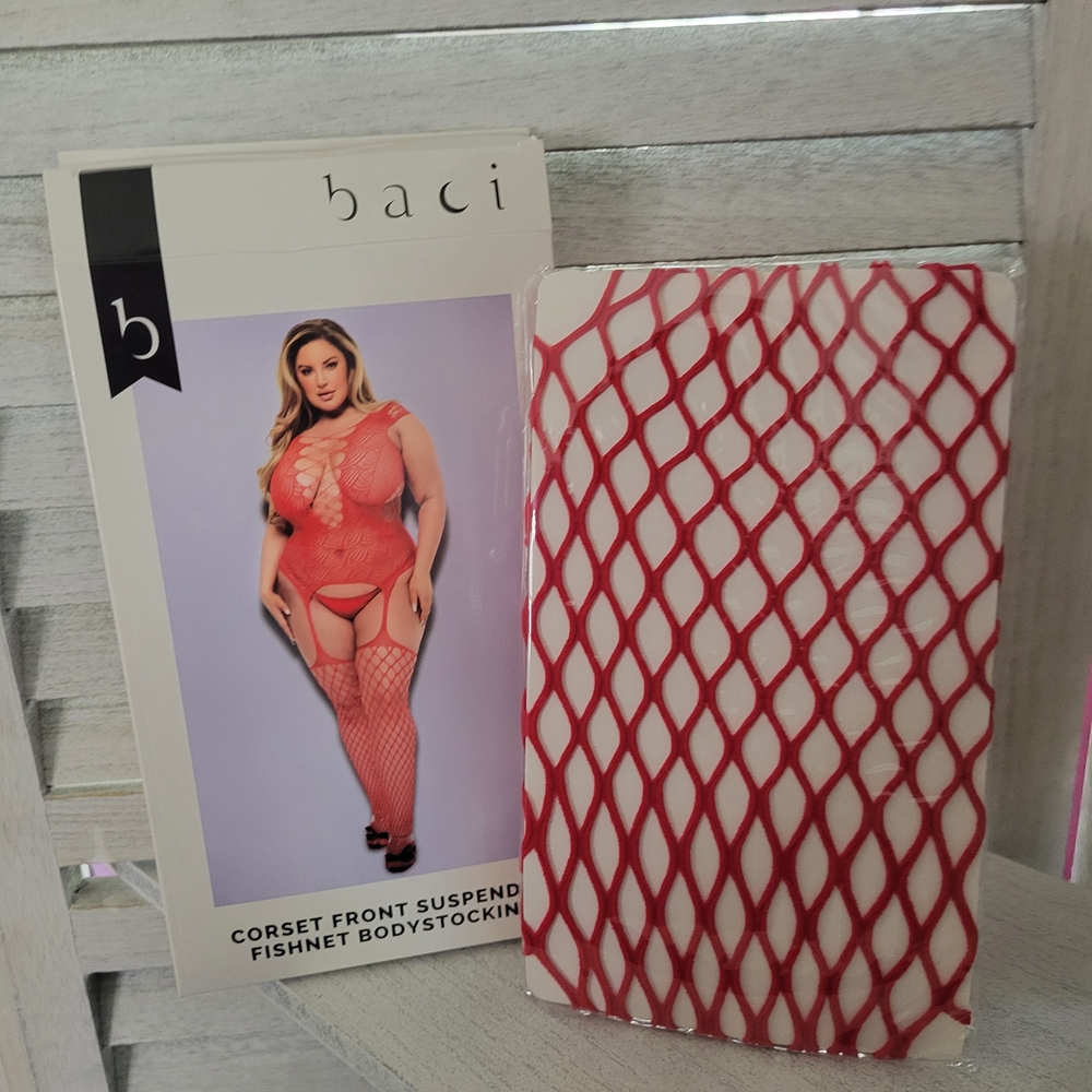Baci Lingerie Front Suspender Fishnet Bodystocking - Queen Size Fits Sizes 14-18 - Picture 3 of 3